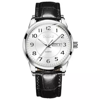 Мужские кварцевые часы Taxau, водонепроницаемые, с белым циферблатом, с индикацией даты, с черным кожаным ремешком, легкие, легко читаемые