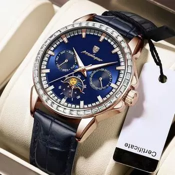 Мужские кварцевые часы Three Eyed Six Pin с инкрустированным бриллиантами и циферблатом с фазами Луны, водонепроницаемые светящиеся деловые часы, изысканные мужские подарочные часы синий/серебряный