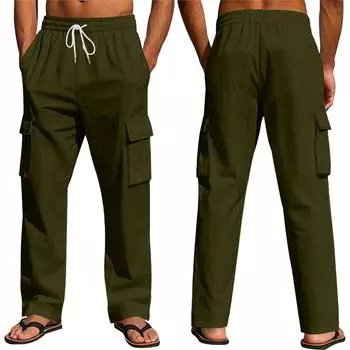 Мужские льняные брюки Four Seasons Thin Breathable Cargo Multi-pocket Loose Casual Wide Leg L армия зеленый