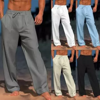 Мужские льняные брюки, летние пляжные брюки, передний карман, однотонные, удобные, дышащие и повседневные. XS белый