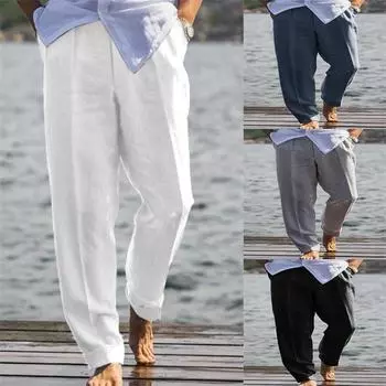 Мужские льняные брюки молодежные прорезные карманы однотонные свободные повседневные удобные дышащие брюки для активного отдыха S белый