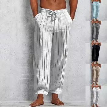 Мужские льняные брюки с эластичной талией, удобные, дышащие, прямые, в полоску L чёрный