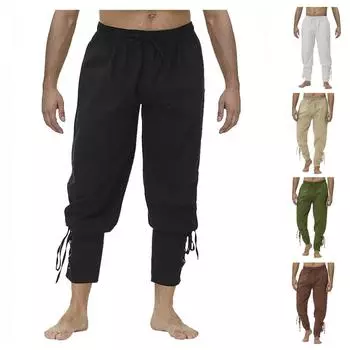 Мужские льняные брюки с завязками на талии, готические брюки, средневековые пиратские брюки L армия зеленый