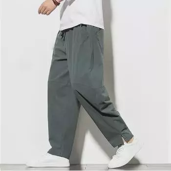 Мужские льняные брюки свободного кроя: Летние шаровары в китайском стиле 5XL серый/синий