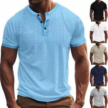 Мужские льняные футболки Henley с коротким рукавом и пуговицами, повседневные базовые футболки, летние рубашки для работы S чёрный