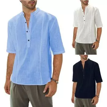 Мужские льняные однотонные рубашки с короткими рукавами, повседневная футболка с формальным платьем S белый