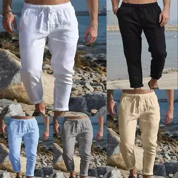 Мужские льняные пляжные брюки с завязками на талии, простые, удобные, дышащие, повседневные, чиносы S белый