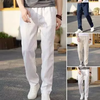 Мужские льняные повседневные брюки, однотонные прямые брюки с завязками на талии, тонкие летние брюки для уличной одежды, путешествий, отпуска M темно-синий