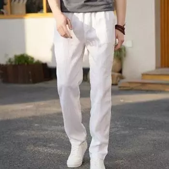 Мужские льняные повседневные брюки, однотонные, прямые брюки, завязывающиеся на шнурок, тонкие, летние M темно-синий