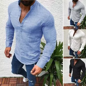 Мужские льняные рубашки с длинным рукавом и V-образным вырезом на пуговицах Мужская повседневная деловая блузка XL серый