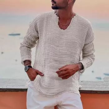 Мужские льняные рубашки с длинным рукавом на пуговицах, повседневные летние свободные рубашки в домашнем стиле XS светло-серый