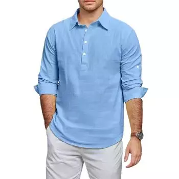 Мужские льняные рубашки с длинным рукавом на пуговицах, повседневные летние свободные рубашки в домашнем стиле S чёрный