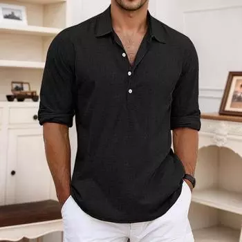 Мужские льняные рубашки с длинным рукавом на пуговицах, повседневные летние свободные рубашки в домашнем стиле S чёрный