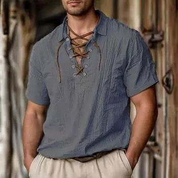 Мужские льняные рубашки с длинными и короткими рукавами, шнуровка, V-образный вырез, повседневная блузка, весна-лето, тонкие футболки спереди, топы, дышащая мужская одежда M серый