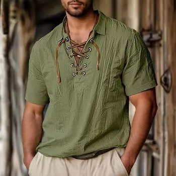 Мужские льняные рубашки с длинными и короткими рукавами, шнуровка, V-образный вырез, повседневная блузка, весна-лето, тонкие футболки спереди, топы, дышащая мужская одежда L армия зеленый