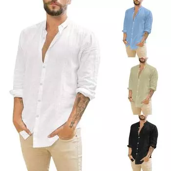Мужские льняные рубашки с длинными рукавами, летние однотонные свободные повседневные рубашки, блузки, топы M хаки