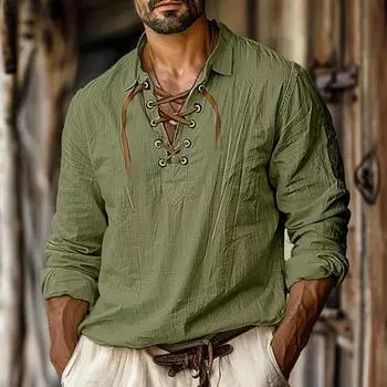 Мужские льняные рубашки с длинными рукавами на шнуровке и v-образным вырезом, повседневная блузка, весна-лето, футболки с тонким передом, топы, дышащая мужская одежда S армия зеленый