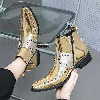 Мужские лакированные ботинки челси в стиле ретро, мужские роскошные ботильоны, мужские повседневные короткие ботинки в британском стиле, модные блестящие высокие ботинки 38 чёрный