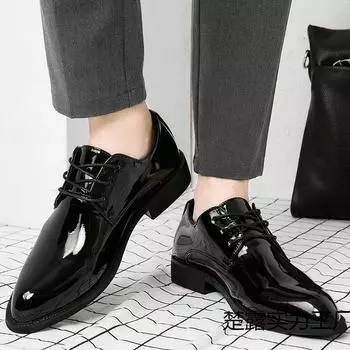 Мужские лакированные туфли с острым носком: Стильная корейская обувь на толстой подошве, визуально увеличивающая рост, официальная и повседневная обувь для свадеб 38 чёрный