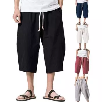 Мужские ленивые свободные хлопковые брюки Харлан из конопли с эластичной резинкой на талии и шнурком повседневные брюки XXXL бежевый