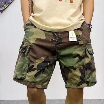 Мужские летние большие размеры, свободные прямые брюки с пятью точками, модные шорты-карго M зелёный