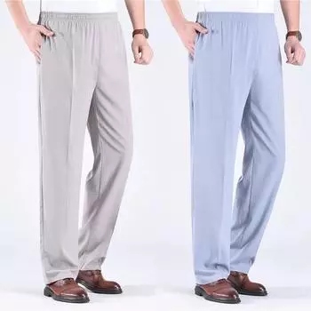 Мужские летние брюки большого размера с тонкими секциями для повседневного ношения, свободные брюки с эластичной резинкой на талии и микроэластичной резинкой для людей среднего и пожилого возраста 6XL чёрный