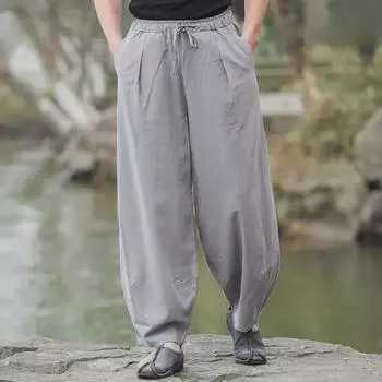 Мужские летние брюки из хлопка и льна с широкими штанинами и эластичным поясом XL [suggested weight 130-150 jin] серый/зелёный