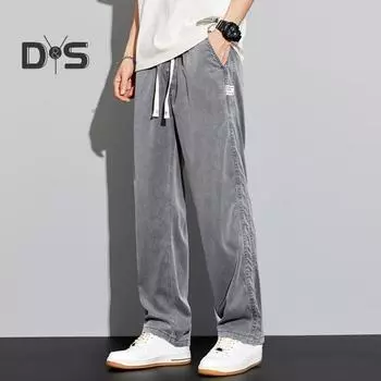 Мужские летние брюки с эластичной резинкой на талии, длинные брюки с регулируемым шнурком, однотонные прямые широкие джинсовые брюки из ледяного шелка 3XL светло-синий