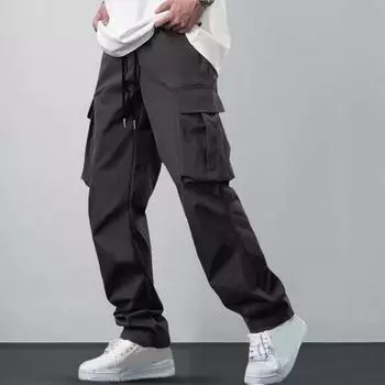 Мужские летние брюки с несколькими карманами, эластичным поясом на шнурке, свободные брюки-карго, однотонные уличные брюки для походов на свежем воздухе, кемпинга M темно-серого