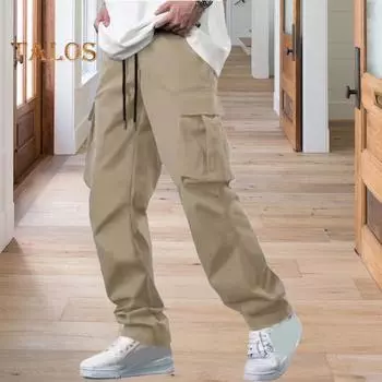 Мужские летние брюки с несколькими карманами, эластичным поясом на шнурке, свободные брюки-карго, однотонные уличные брюки для походов на свежем воздухе, кемпинга M чёрный