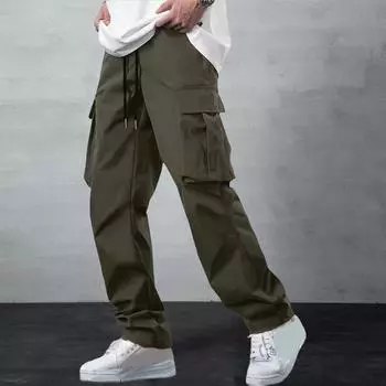 Мужские летние брюки с несколькими карманами, эластичным поясом на шнурке, свободные брюки-карго, однотонные уличные брюки для походов на свежем воздухе, кемпинга M хаки