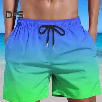 Мужские летние быстросохнущие пляжные шорты с эластичной завязкой на талии, шорты для фитнеса, градиентные цвета, широкие шорты с карманами, уличная одежда M зелёный/синий