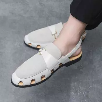 Мужские летние дышащие кожаные сандалии: Повседневная пляжная обувь с крестообразными пряжками. (Большой размер) 45 белый