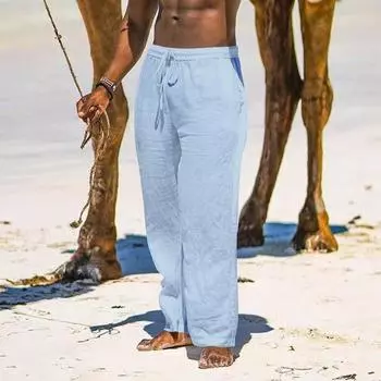 Мужские летние дышащие льняные брюки, легкие повседневные свободные брюки из хлопка и льна для йоги, пляжа M темно-синий