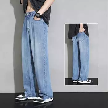 Мужские летние дышащие легкие джинсы, широкие брюки из ледяного шелка, прямые повседневные брюки 3XL