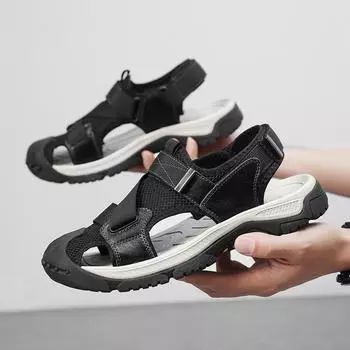 Мужские летние дышащие новые высококачественные пляжные туфли из натуральной кожи, мужские повседневные сандалии для альпинизма с выемками 38 хаки