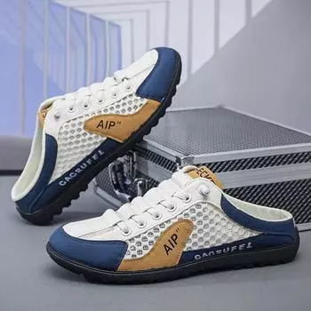 Мужские летние дышащие сетчатые тапочки, повседневные, с защитой от запаха, полуслипон, мягкая подошва, модные туфли, удобные тапочки на резиновой подошве 39