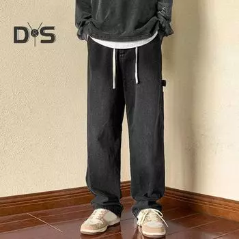 Мужские летние джинсовые брюки со средней посадкой и эластичной резинкой на талии, джинсы-карго с несколькими карманами, прямые широкие джинсы в уличном стиле L коричневый