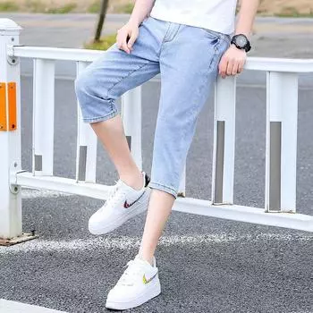 Мужские летние джинсовые шорты с семью точками, тонкая и свободная верхняя одежда из ледяного шелка, повседневные спортивные трендовые летние бриджи, мужские шорты 28 чёрный