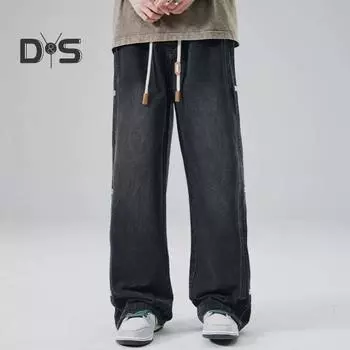 Мужские летние джинсы с эластичной резинкой на талии, джинсовые брюки с регулируемым шнурком и застежкой на боковые пуговицы, прямые широкие повседневные брюки, уличная одежда 3XL светло-синий