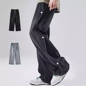 Мужские летние джинсы с эластичной резинкой на талии, джинсовые брюки с регулируемым шнурком и застежкой на боковые пуговицы, прямые повседневные брюки с широкими штанинами 3XL светло-синий