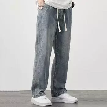 Мужские летние джинсы с эластичной резинкой на талии, джинсовые брюки с регулируемым шнурком и карманами, однотонные прямые широкие повседневные брюки M синий