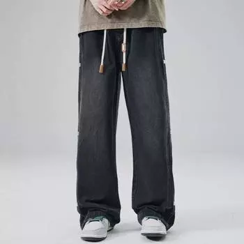 Мужские летние джинсы с эластичной резинкой на талии, джинсовые брюки с регулируемым шнурком и застежкой на боковые пуговицы, прямые широкие повседневные брюки, уличная одежда 3XL светло-синий