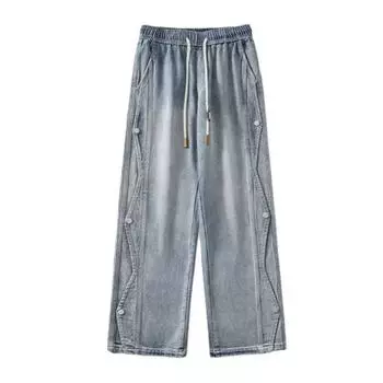 Мужские летние джинсы с эластичной резинкой на талии, джинсовые брюки с регулируемым шнурком и застежкой на боковые пуговицы, прямые повседневные брюки с широкими штанинами XL серый