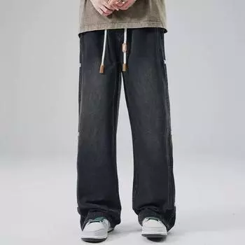 Мужские летние джинсы с эластичной талией, регулируемые на шнурке, джинсовые брюки с застежкой на боковые пуговицы, прямые, широкие повседневные брюки Streetwe M серый