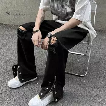 Мужские летние джинсы со средней посадкой на пуговицах и молнии, однотонные джинсовые брюки с рваными отверстиями и боковыми разрезами на манжетах, широкие джинсы в уличном стиле XL чёрный