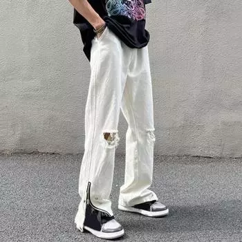 Мужские летние джинсы средней посадки с застежкой-молнией на пуговицы, однотонные джинсовые брюки с рваными отверстиями и разрезами по бокам на манжетах, в стиле High Street Jeans Wide Leg M белый