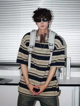 Мужские летние футболки контрастного цвета в американском стиле для пар с коротким рукавом в стиле Харадзюку, мешковатая полосатая одежда M