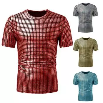 Мужские летние клетчатые топы с принтом, блестящие мужские топы, повседневные футболки для мужчин L синий