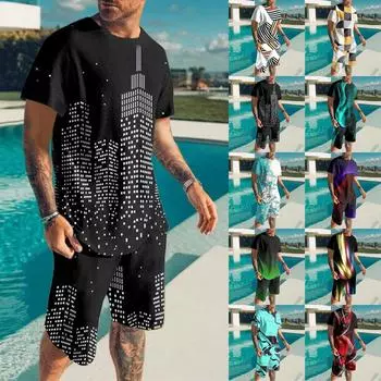 Мужские летние комплекты из 2 предметов, повседневные футболки с короткими рукавами и классические спортивные шорты, комплекты одежды, спортивная одежда L чёрный
